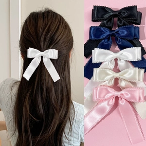 Sweet Ribbon Bowknot Hair Clip With Lace Trim Elegant Satin Bow Duckbill Clip For Girls Women Hair Accessories