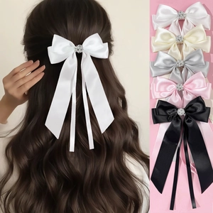 Elegante Fermaglio per Capelli con Fiocco in Raso e Nastro Lungo Decorazione con Künstliche Perle Sintetiche e Strass Stile Francese