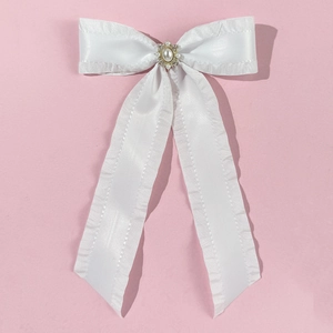 Eleganter weißer Satin-Haarclip mit Schleife, langen Bändern und Perlen-Kristall-Verzierung