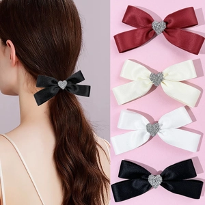 Korean Style Satin Bowknot Hair Clip With Rhinestone Heart Elegant Ribbon Duckbill Clip Sweet Headwear For Women Daily Dating Jewelry