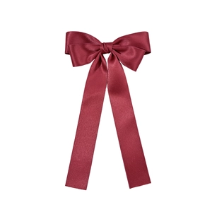 Elegant burgundy satin bow hair clip with long ribbons for women stylish daily accessory