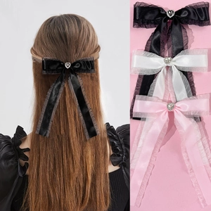 Sweet Heart Rhinestone Long Ribbon Bow Hair Clip Satin Organza Ruffled Edge Hairpin Handmade Hair Accessories For Women