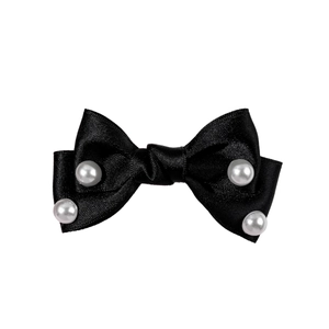 Elegant black satin bow hair clip with white pearl accents for women and girls