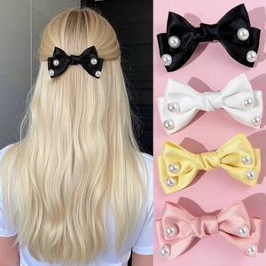 Sweet Satin Bow Hair Clip With White Imitation Artificial Pearls For Girls Women Princess Style Elegant Headwear Hair Accessories