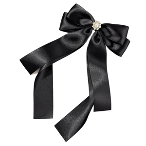 Elegant black satin bow hair clip with pearl and rhinestones decoration for women