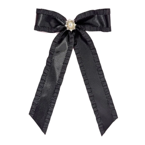 Eleganter schwarzer Satin-Haarclip mit Rüschenkante und Vintage-Perlen-Strass-Schnalle