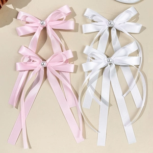 Barrettes à nœuds en satin rose et blanc avec perles et longs rubans pour coiffure