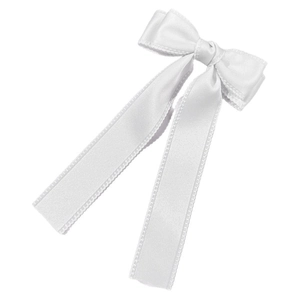 Elegant white satin ribbon bow hair clip with long streamers and lace edges