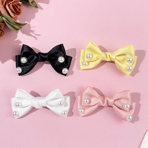 Set of four sweet satin bow hair clips with pearls in black yellow white and pink