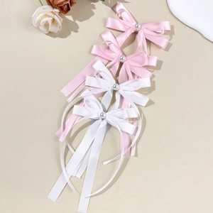 Barrette à cheveux élégante en satin avec nœud et perle en rose et blanc pour filles