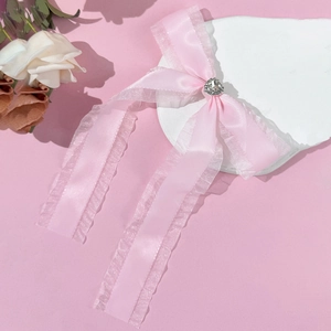 Pink ribbon bow hair clip with heart rhinestone and organza lace edges for girls