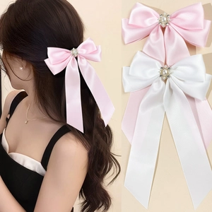 Pince à Cheveux Nœud en Satin Avec Fausse Künstliche Perle Strass Longs Rubans Bec de Canard Accessoire Cheveux Doux Élégant Femme