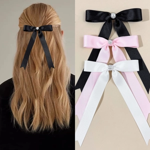 Elegant Satin Bow Hair Clip With Long Streamer Artificial Pearl Handmade Sweet Korean Style Hair Accessory For Women Girls Gift