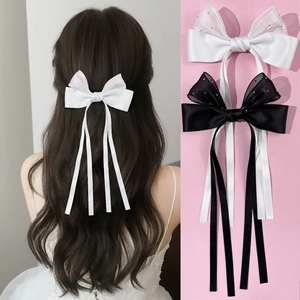 Pince à Cheveux Nœud Doux Double Couche Satin Organza Strass Longs Rubans Pince Bec de Canard Accessoire Élégant