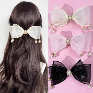 Élégante Grande Pince à Cheveux Nœud en Organza avec Fausse Künstliche Perle Strass Épingle à Cheveux Princesse pour Femmes Accessoires