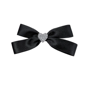 Elegant black satin bow hair clip with a sparkling rhinestone heart centerpiece