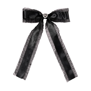 Sweet black satin bow hair clip with organza lace and heart-shaped gem center