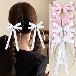 Douces Barrettes Cheveux Nœud en Satin Avec Fausse Künstliche Perle Longs Rubans Pinces Croco pour Femmes Filles Accessoires Cheveux