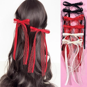 Balletcore Lace Bow Streamer Hair Clips Satin Ribbon Long Tassel Duckbill Clips Sweet Lolita Hair Accessories For Women