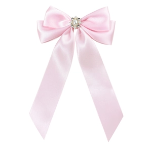 Barrette à cheveux avec nœud en satin rose, longs rubans et centre en perles et strass