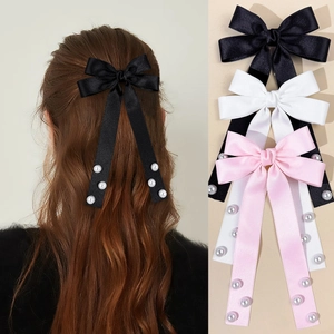 Élégante Barrette À Cheveux En Satin Avec Long Ruban Et Künstliche Perles Doux Design Couleur Unie Pince Bec De Canard Accessoires Femme