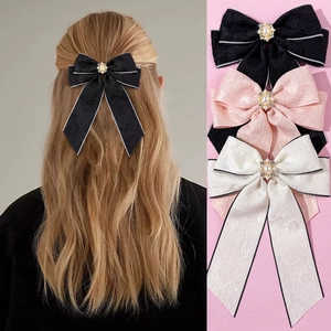 Vintage Jacquard Bow Hair Clip With Rhinestone Artificial Pearl Center Elegant French Style Duckbill Clip For Women Hair Accessories