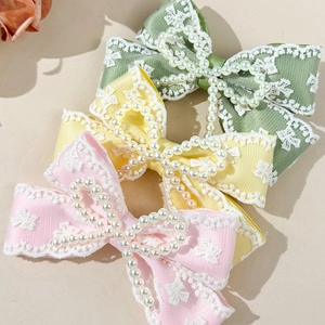 Lazos para el pelo de encaje estilo francés con perlas en rosa, amarillo y verde