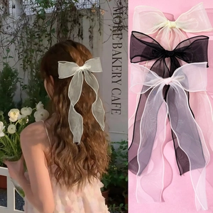 Women Sweet Organza Mesh Bow Hair Clip Long Streamer French Romantic Large Bowknot Spring Clip Wedding Party Hair Accessory