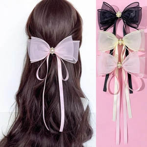 Fermaglio per Capelli con Fiocco in Maglia Elegante con Künstliche Perle d'Imitazione Strass Nastro in Raso Dolce Stile Coreano per Matrimonio Donna