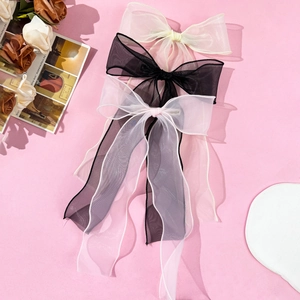 Elegant oversized tulle bow hair clips with long ribbons in white, black and pink set