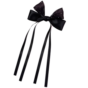 Barrette à cheveux avec nœud noir élégant strass brillants et longs rubans de satin