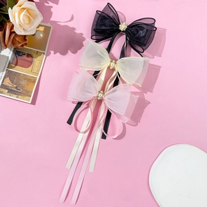 Set di 3 fermagli per capelli in tulle con fiocchi, perle e nastri lunghi da donna