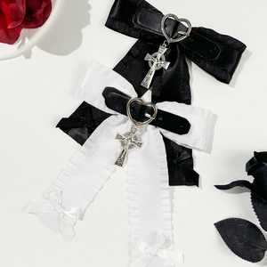 Barrette Cheveux Nœud Gothique Lolita Avec Pendentif Croix Boucle Cœur Ruban Satin Cuir Synthétique Punk Accessoire Cheveux Femme
