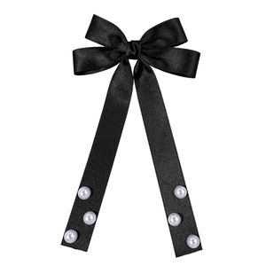 Barrette à cheveux avec nœud en satin noir, longs rubans et perles élégantes