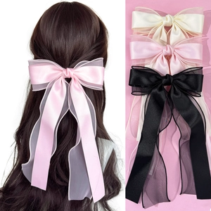 Elegant Satin Mesh Double Layer Bow Hair Clip Long Streamers Sweet Princess Spring Clip Women Hair Styling Accessories