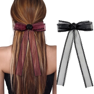 Vintage Netz Schleife Haarklammer Rose Goth Kopfschmuck Langes Band Elegante Spitze Haarschmuck Damen Lolita Kopfschmuck