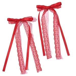 Romantic pair of red lace ribbon bow hair clips with long streamers for women