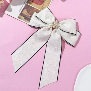 French retro white lace bow hair clip with faux pearls and sparkling rhinestones for women