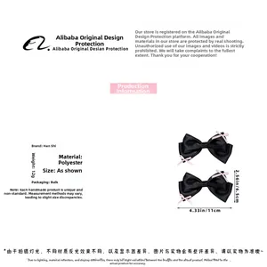 Detail view of black satin bow hair clips showing 11x6.5cm dimensions and 12g weight