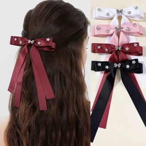 Satin Bow Hair Clip With Long Ribbons Rhinestone Star Butterfly Elegant Sweet Hair Accessories For Women Daily Party