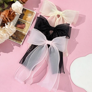 Double Layer Organza Mesh Bowknot Hair Clip With Long Ribbon Sweet Fairy Style Spring Clip Elegant Headwear For Women