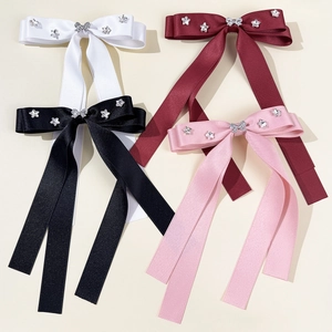 Elegant rhinestone flower bow hair clips with long streamers in four assorted colors