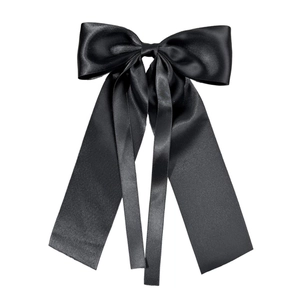 Barrette nœud géant en satin noir élégant avec de longs rubans fluides pour femmes