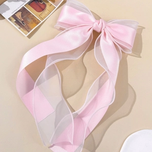 Elegant large pink layered organza and satin bow hair clip with long streamers