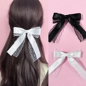 Women Large Lace Bowknot Hair Clip Elegant Satin Ribbon Duckbill Hairpin Vintage Hair Accessories Black White Hairclip