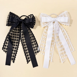 Grands nœuds à cheveux élégants en dentelle noire et blanche avec broderie et rubans satinés