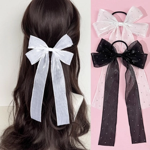 Damen Süße Netz Organza Haargummi Mit Langer Schleife Elegante Strass Funkelnde Ponytail Scrunchie Mode Haarschmuck