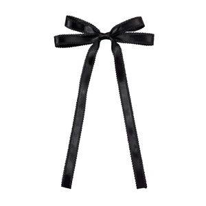 Pince à cheveux nœud en satin noir élégant avec bordure picot et longs rubans