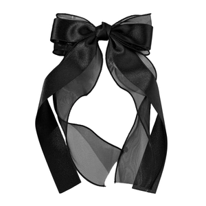Elegant double-layered black mesh bow hair clip with long flowing ribbons for women