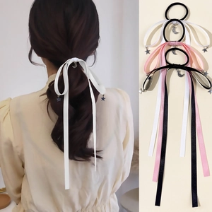 Korean Style Sweet Bow Ribbon Hair Tie With Alloy Star Moon Pendants Elegant Satin Streamer Fashion Hair Accessories For Women